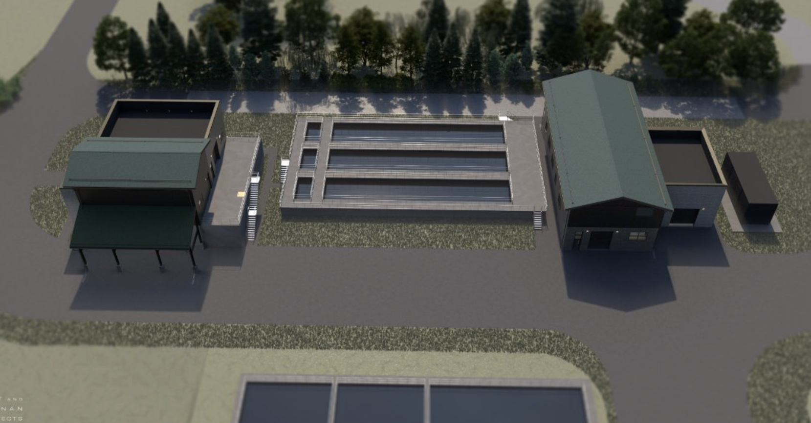 Aerial view of architectural structures and rectangular pools, surrounded by trees.