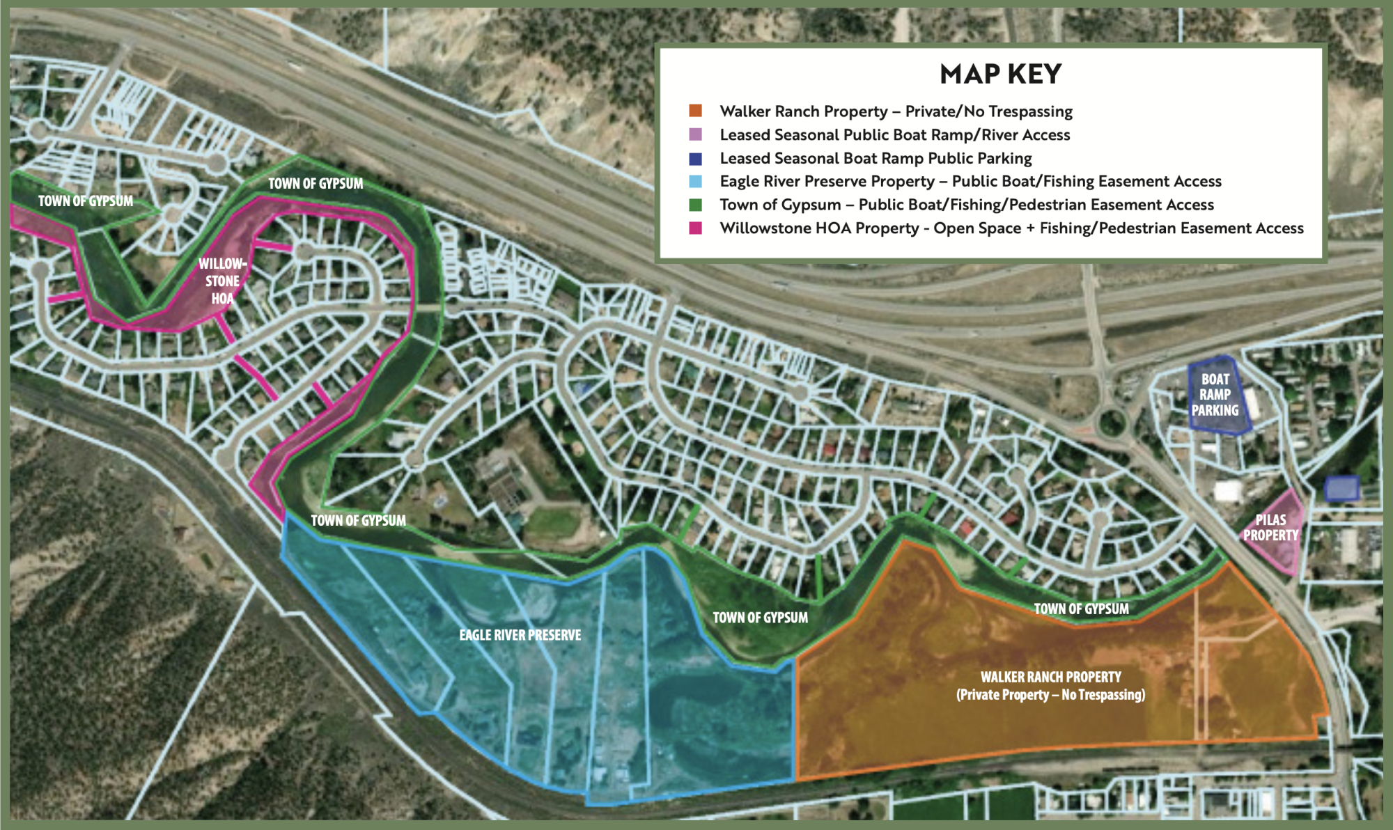 A map showing property zones in Gypsum, with areas for public access, boat ramps, private property, and open spaces.