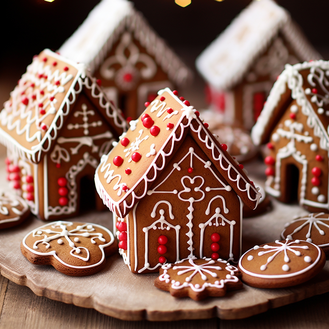 A charming display of beautifully decorated gingerbread houses and cookies, adorned with icing and colorful candies.
