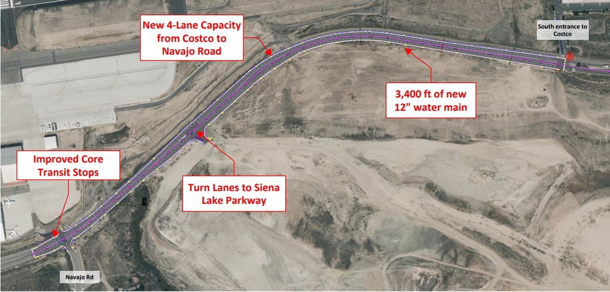 The image shows a map with road improvements, including new lanes, transit stops, and a water main installation.