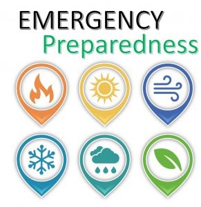 Icons representing fire, sun, wind, snow, rain, and a leaf, with the words "Emergency Preparedness" above them.