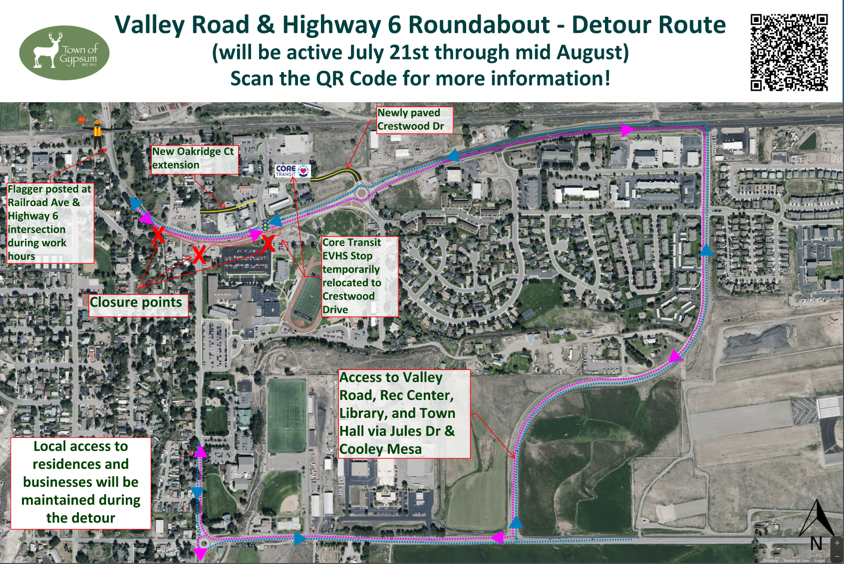 Detour map for Valley Road & Highway 6 roundabout, active July 21 - mid August. Displays closure points, transit changes, and access info.