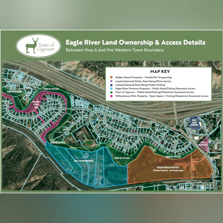 Map of Eagle River land ownership and access details in Gypsum, showing properties, public access points, and easements.