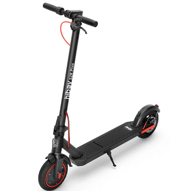 The image shows a black electric scooter with red accents, labeled as "hiboy S2R Plus." It features a sleek design and handlebars.
