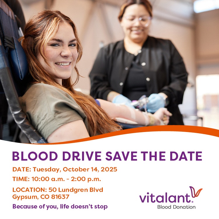 Smiling woman donating blood, with details of a blood drive on October 14, 2025, at 50 Lundgren Blvd, Gypsum, CO.
