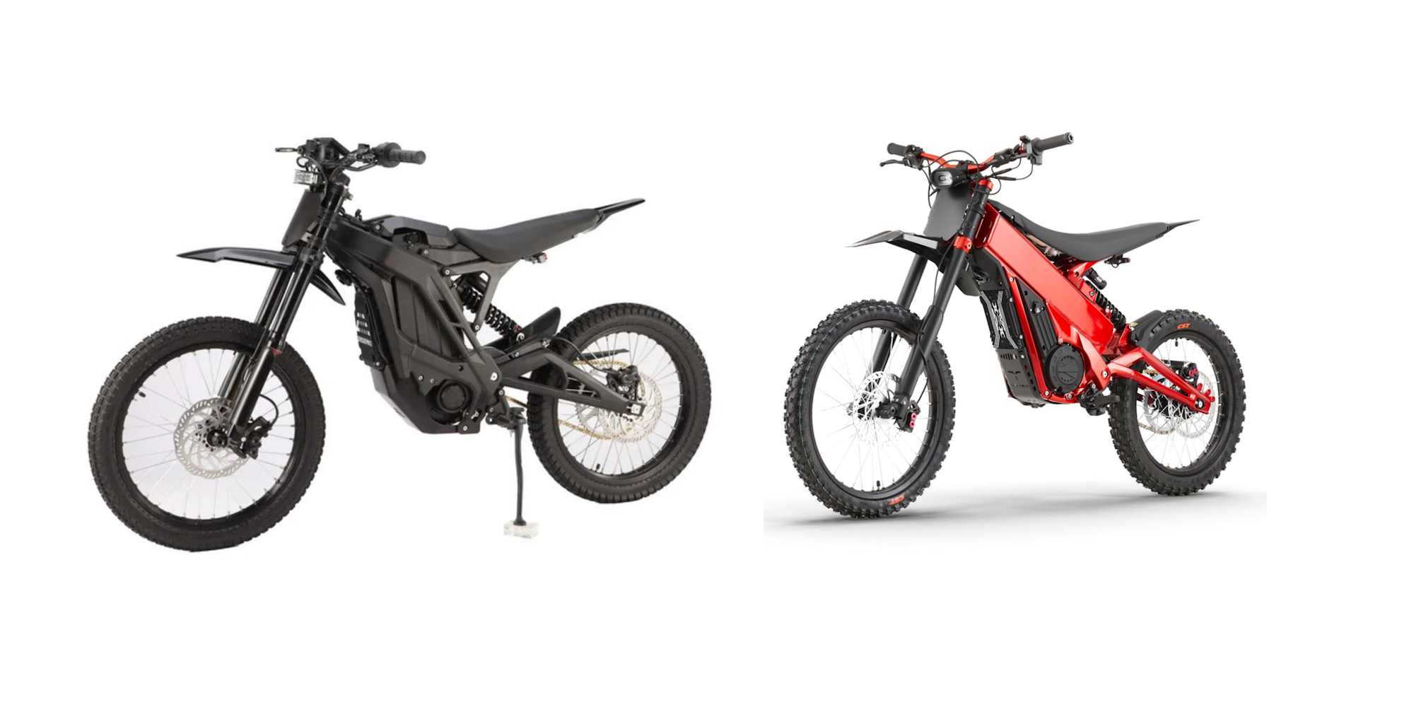 The image shows two electric dirt bikes, one black and one red, showcasing modern designs and off-road capabilities.
