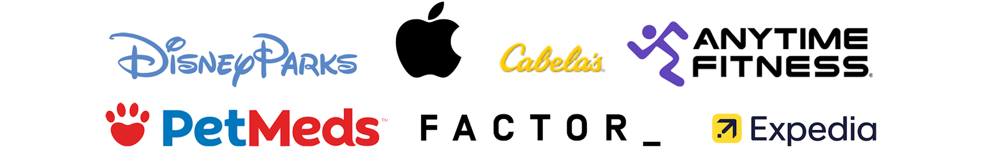 The image features logos from various brands, including Disney Parks, Apple, Cabela's, Anytime Fitness, PetMeds, Factor, and Expedia.