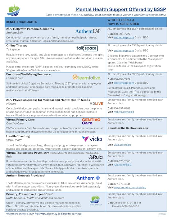 The image outlines mental health support benefits offered by BSSP, including therapy, coaching, and medical access.