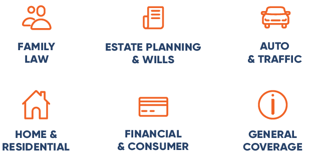 The image displays areas of legal services: Family Law, Estate Planning & Wills, Auto & Traffic, Home & Residential, Financial & Consumer, and General Coverage.