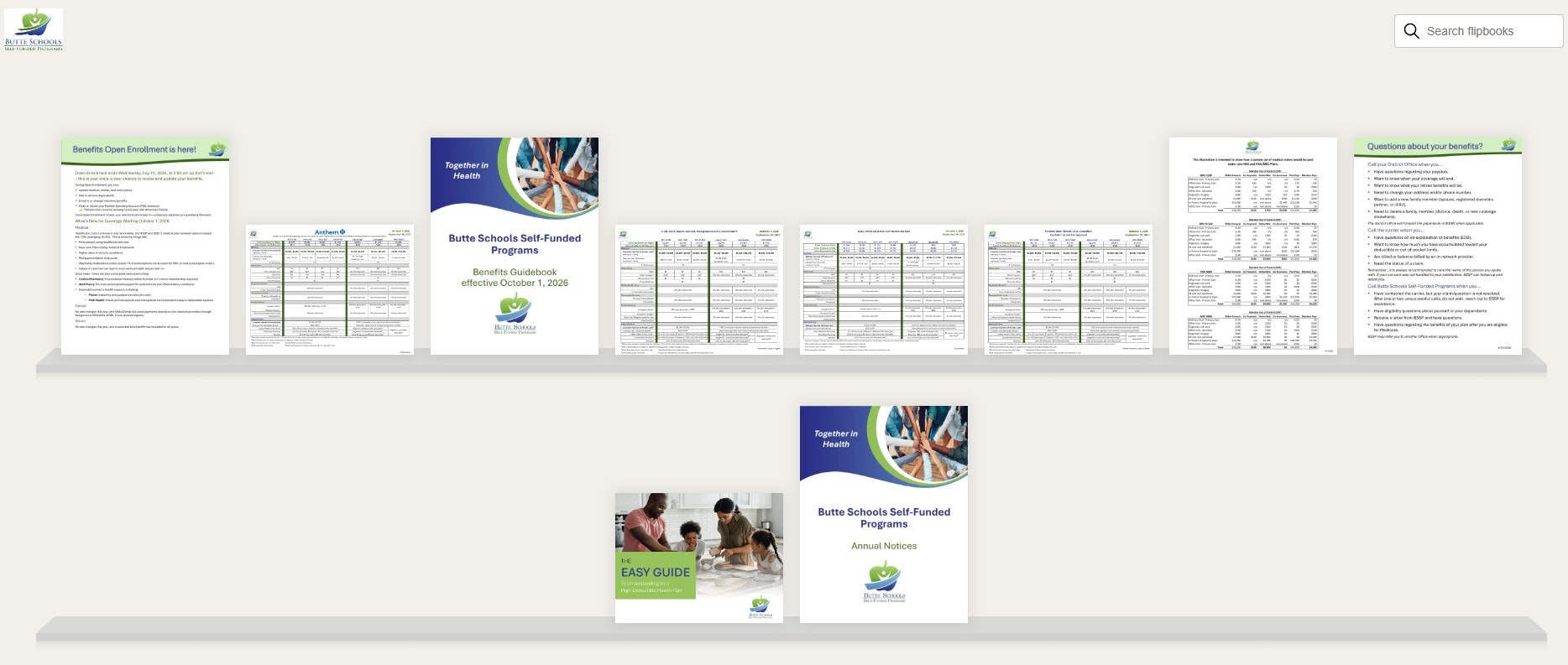 The image displays documents related to Butte Schools' self-funded programs, including benefits enrollment and guidebooks.