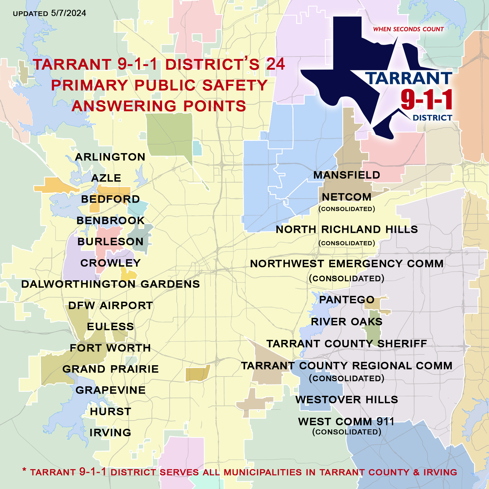 Map of Tarrant 9-1-1 District's primary public safety answering points, updated 5/7/2024.