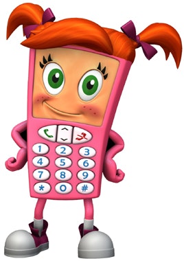 Animated character with the body of a cell phone, human facial features, and orange pigtails.