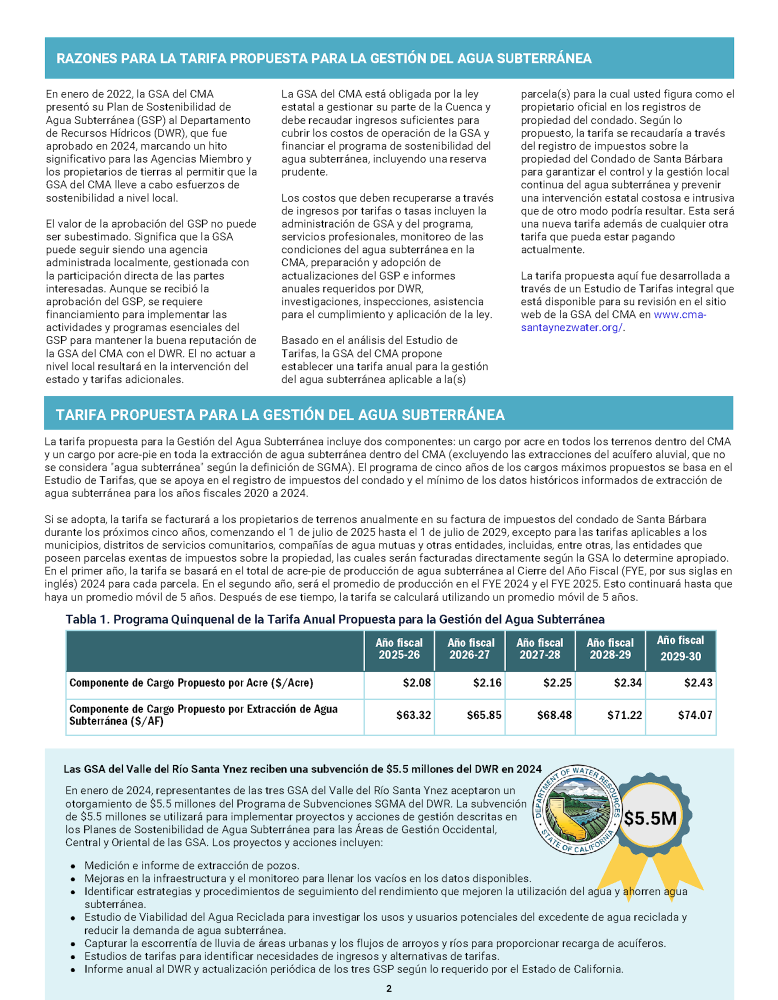 Proposed groundwater management tariff details for Santa Ynez River Valley. Includes cost breakdown, subsidy info, and management plan.