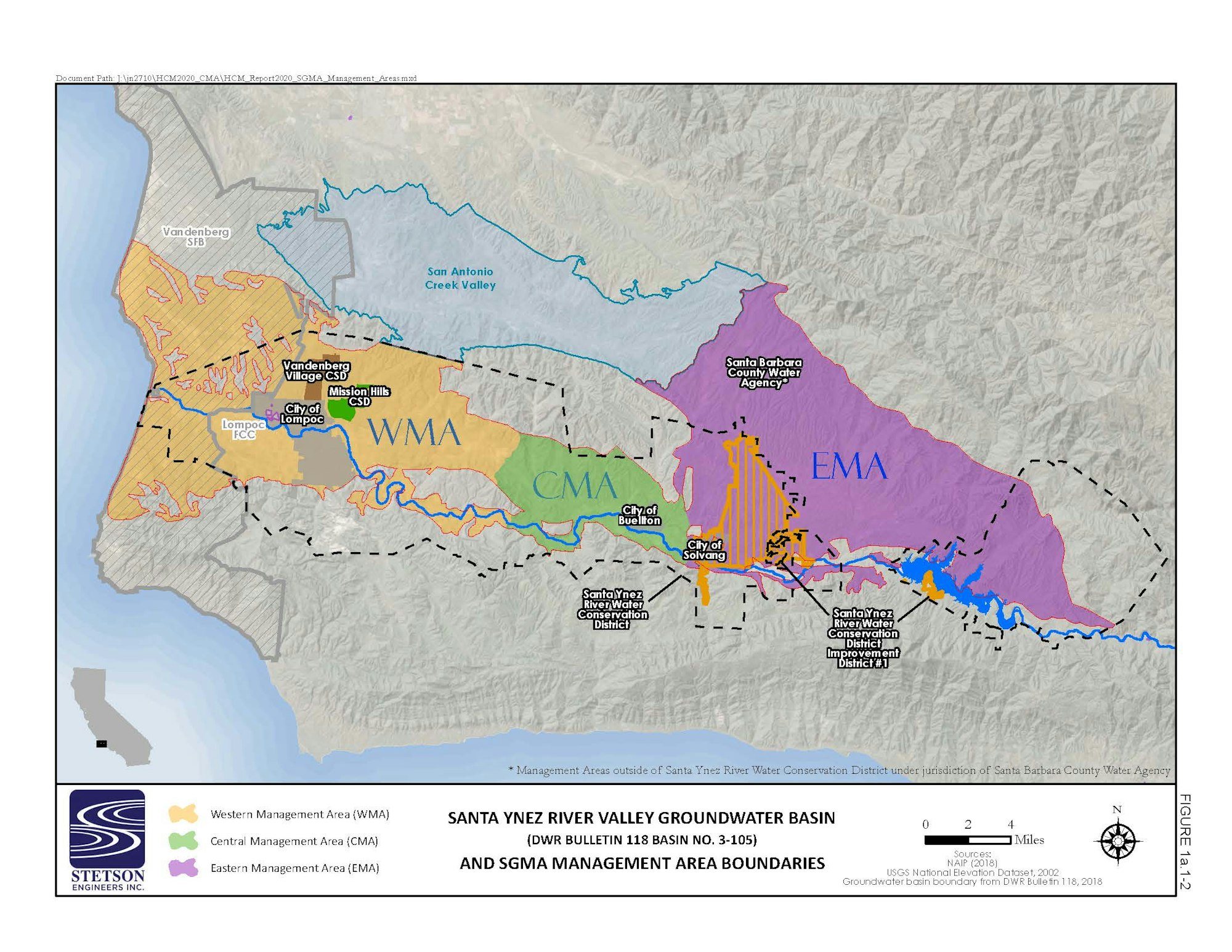 A map showing the Santa Ynez River Groundwater Basin with management areas: Western (WMA), Central (CMA), and Eastern (EMA).