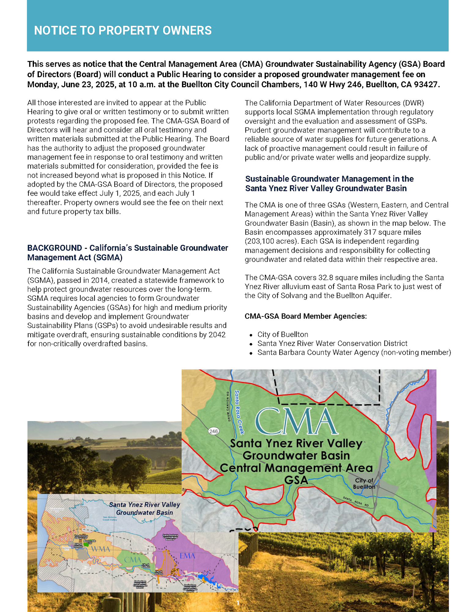Public hearing notice for proposed groundwater management in Santa Ynez River Valley, CA, on June 23, 2025, at Buellton City Hall.