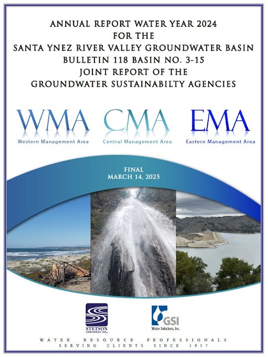 Annual report cover for Santa Ynez River Valley Groundwater Basin, 2024. Includes images and logos for management areas and companies.