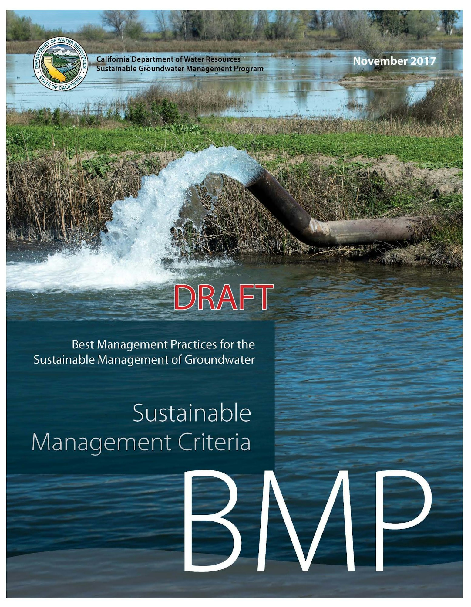 The image features a draft document on sustainable groundwater management practices by California's Department of Water Resources.