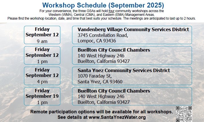 Workshop schedule for September 2025, listing dates, times, and locations across California. Remote participation available.