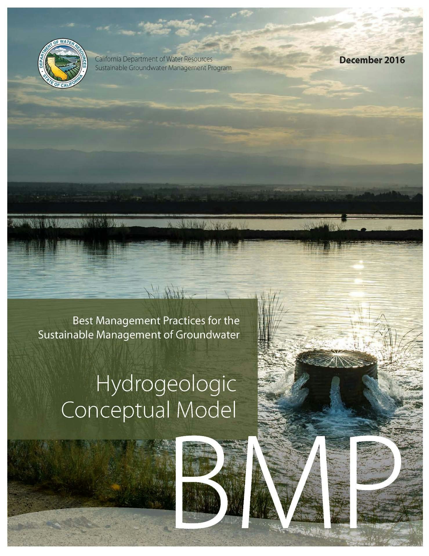 The image shows a document cover on sustainable groundwater management, featuring a hydrogeologic conceptual model and a scenic background.