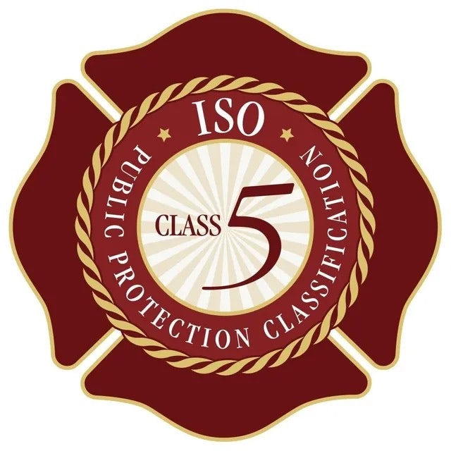 An emblem with "ISO CLASS 5 PUBLIC PROTECTION CLASSIFICATION", indicating a specific insurance service rating.