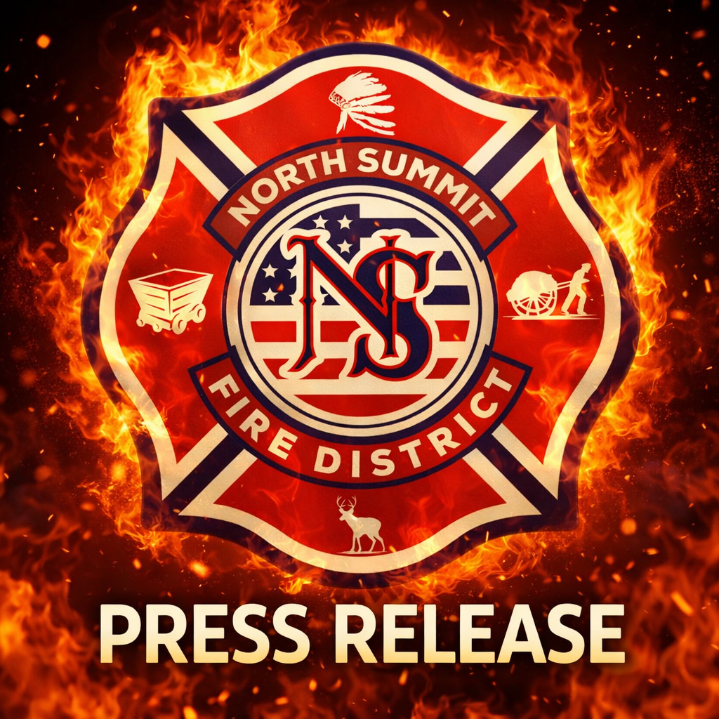 The image features the logo of the North Summit Fire District, with the words "PRESS RELEASE" over a fiery background.