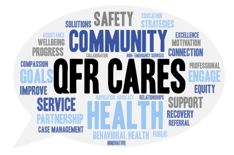 A word cloud with "QFR CARES" central, featuring words like community, health, safety, service, support, and more.