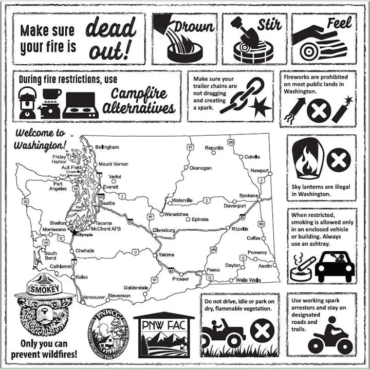 The image provides fire safety tips for Washington, emphasizing wildfire prevention and restrictions on campfires, fireworks, and smoking.