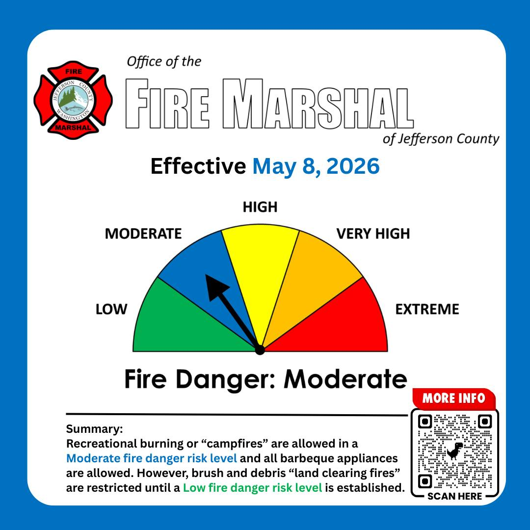 Fire danger is moderate as of May 8, 2026. Recreational fires allowed; brush clearing fires are restricted.