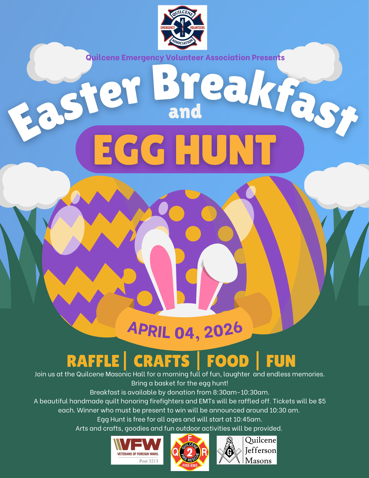 Join the Quilcene Easter Breakfast & Egg Hunt on April 4, 2026, with food, crafts, and fun! Raffle at 10:30 AM. Free for all ages!