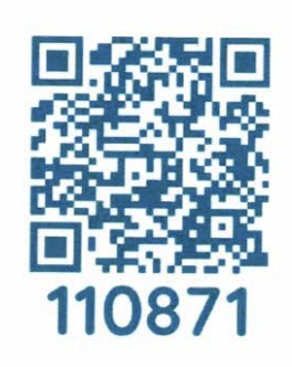 A blue QR code with numbers "110871" below it.