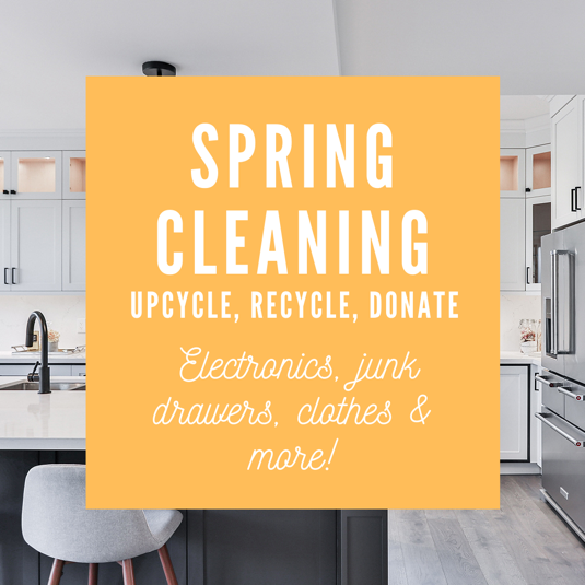 Spring Cleaning, upcycle, recycle donate logo. Contains: indoors, room, and kitchen picture