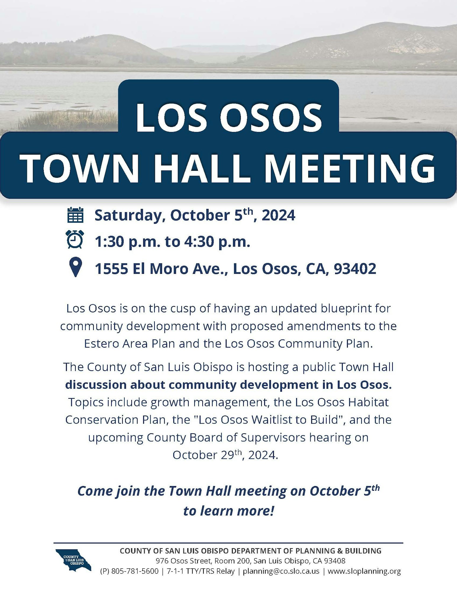 An announcement for a town hall meeting in Los Osos on community development, October 5th, 2024.
