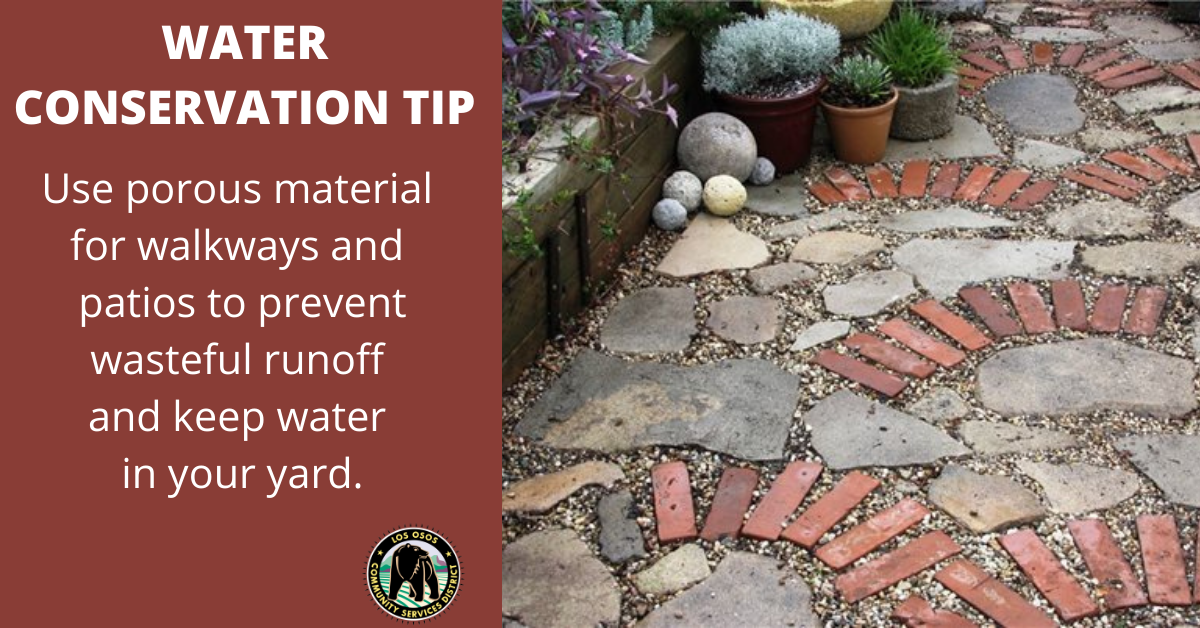 Image shows a garden pathway and plants with a tip on using porous materials to conserve water and reduce runoff.