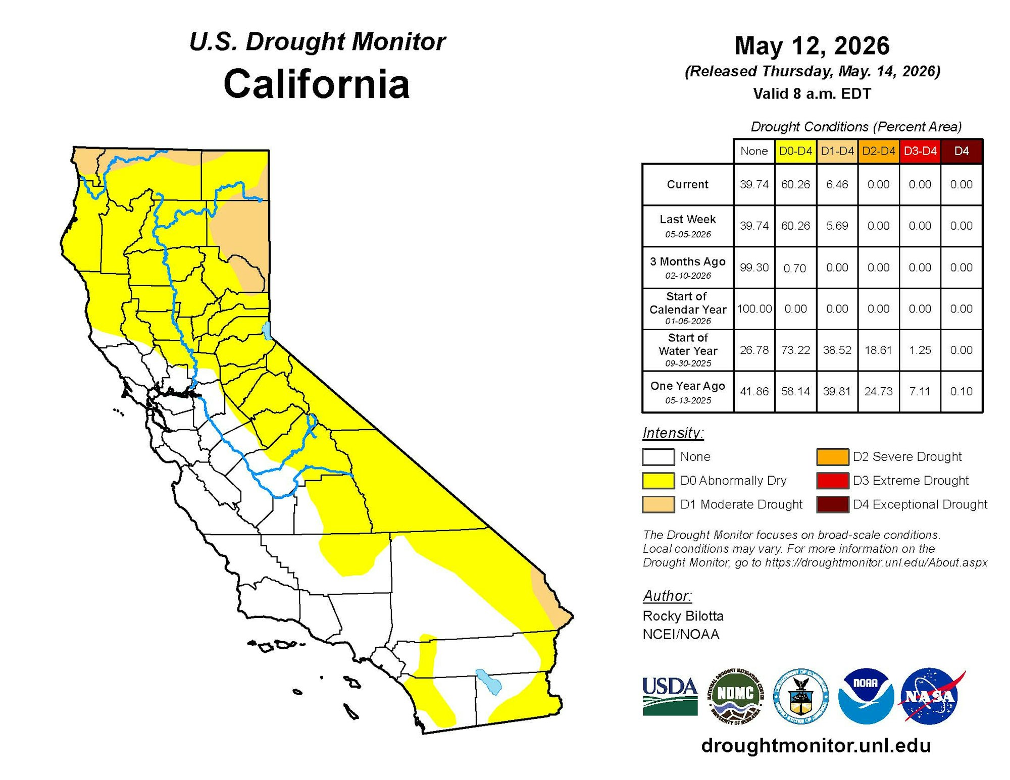 The image shows a drought monitor map of California dated May 12, 2026, detailing drought conditions across the state.