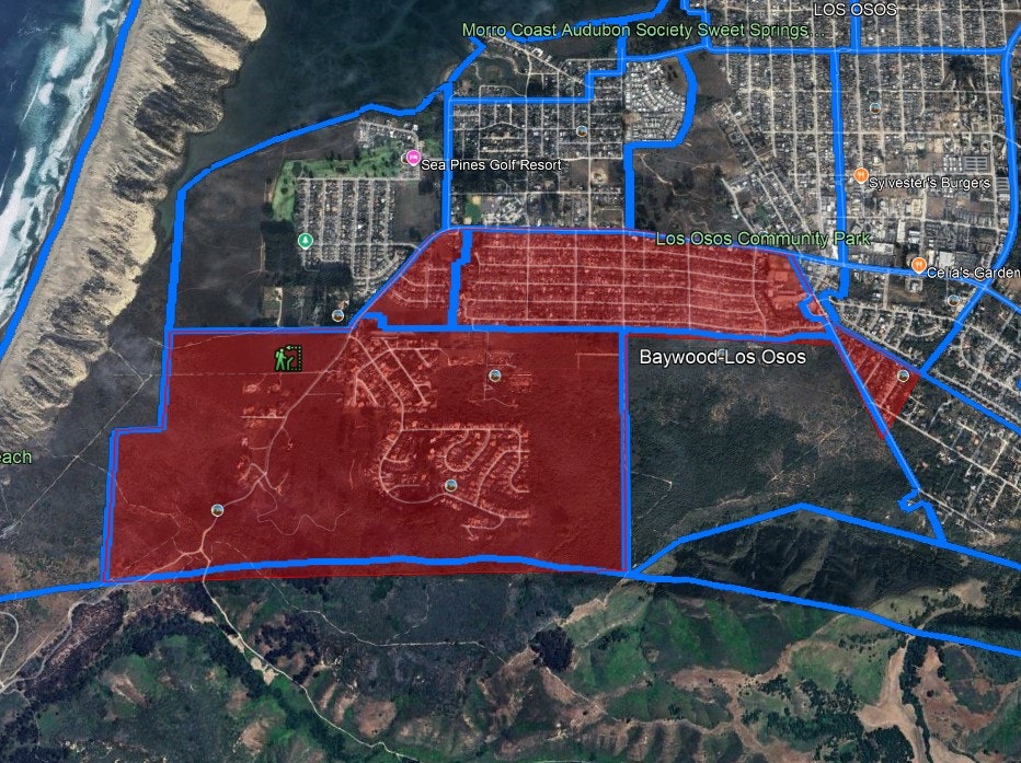 Aerial map highlighting Los Osos, CA, with marked areas for chipping event