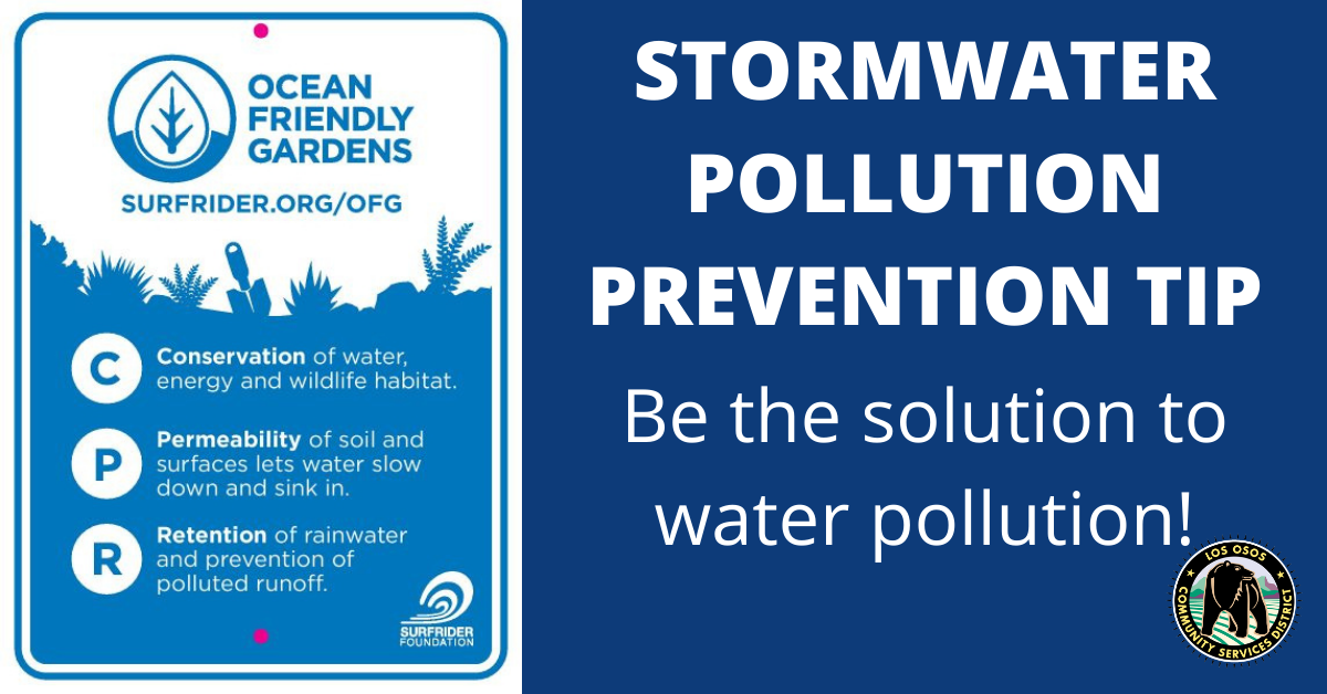 The image promotes ocean-friendly gardens, emphasizing stormwater pollution prevention through conservation, permeability, and retention.