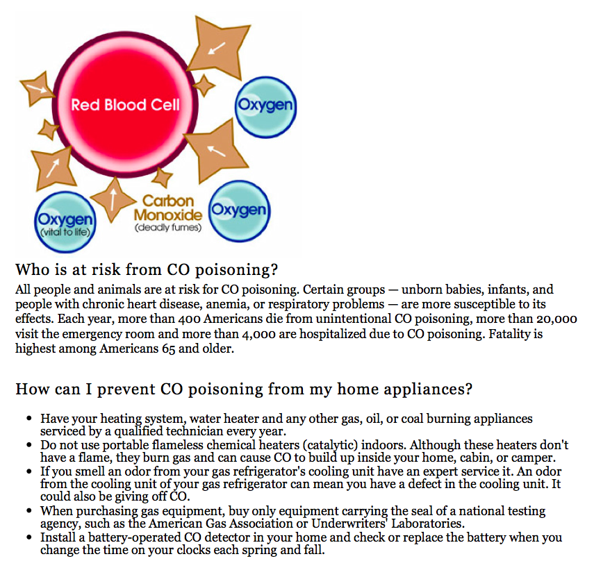 The image explains CO poisoning risks, stats, and prevention tips, emphasizing safety for vulnerable populations and home appliances.