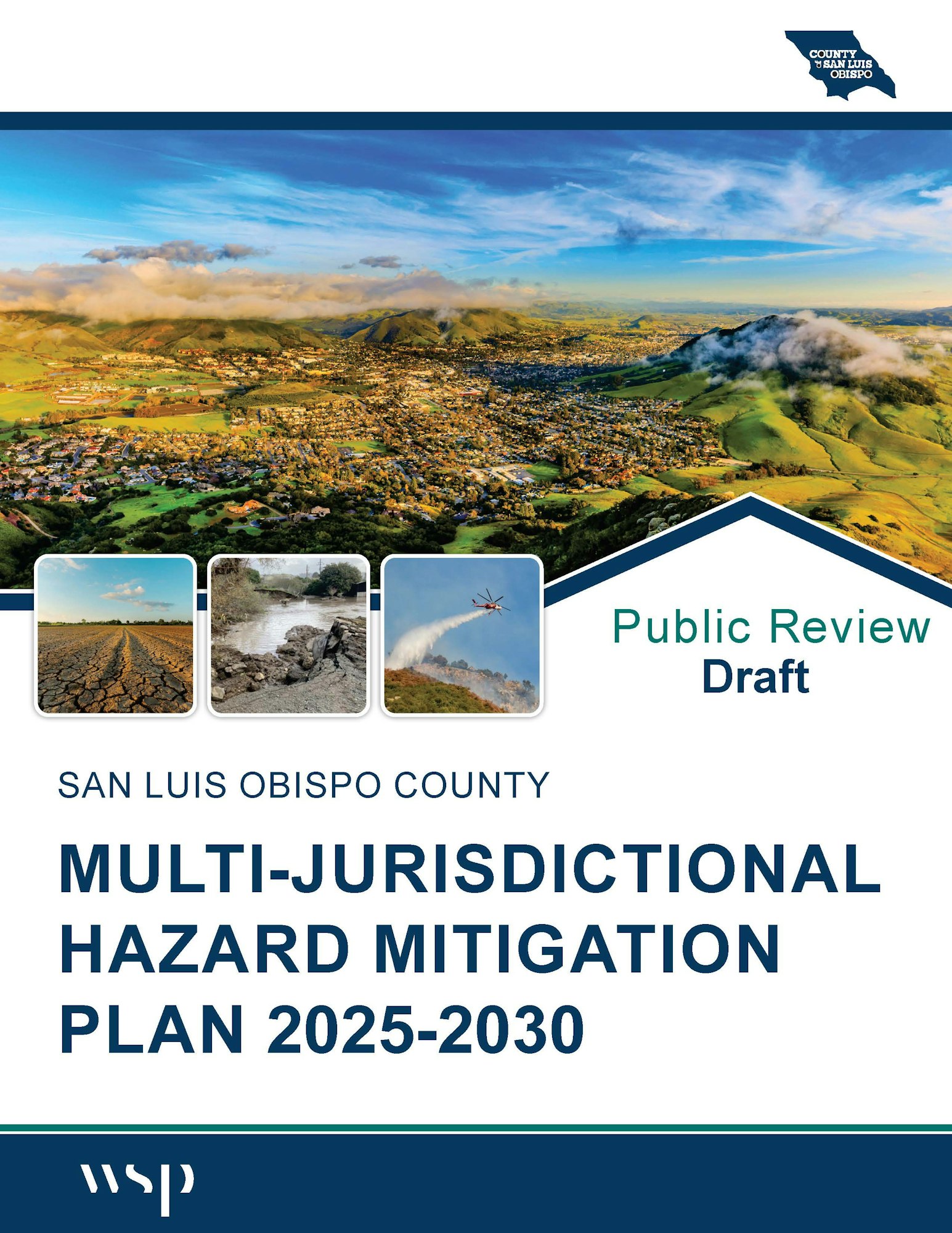 San Luis Obispo County public review draft hazard mitigation plan cover for 2025-2030, features landscape and hazard photos.
