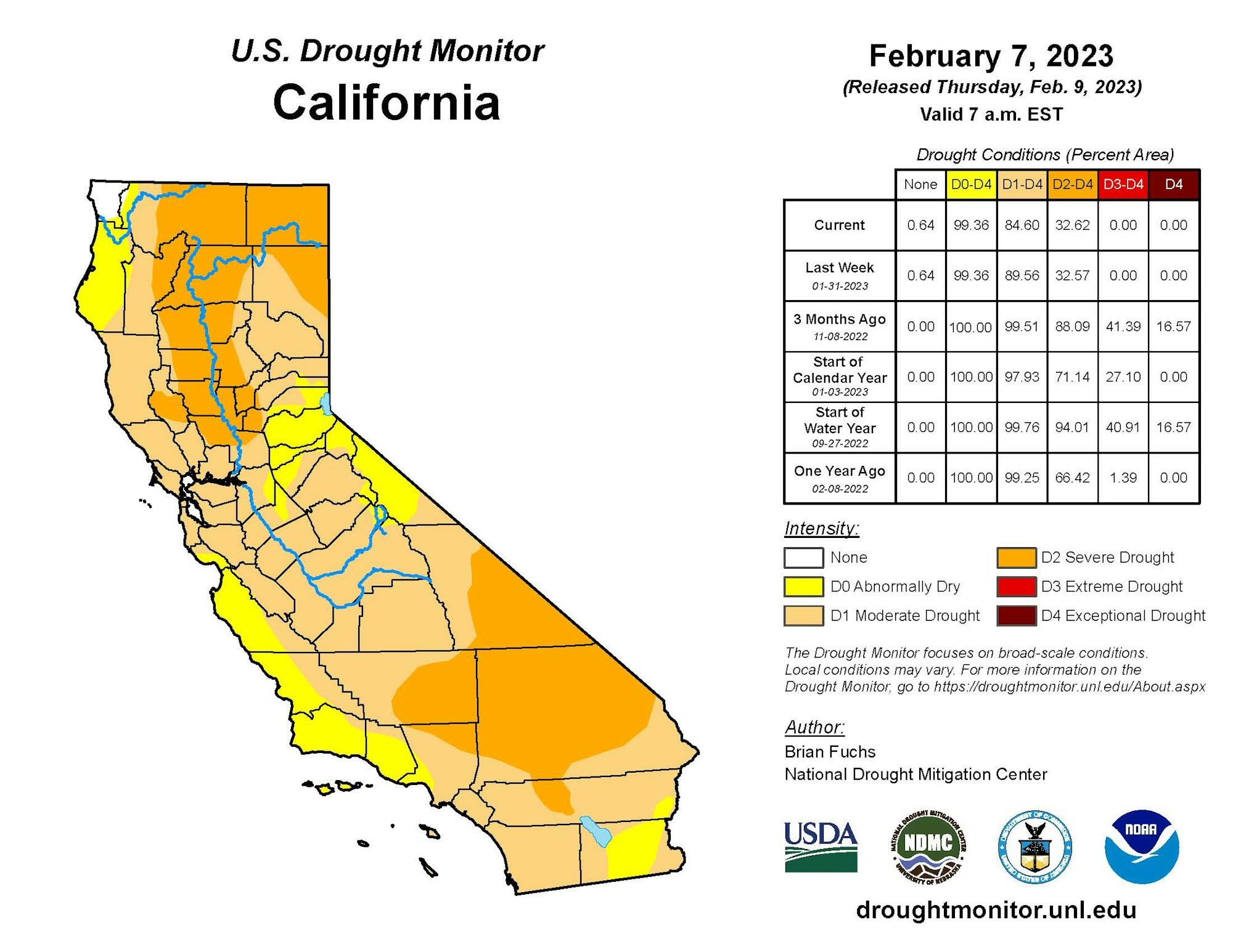 US Dought Monitor Map from February 7, 2023 - https://droughtmonitor.unl.edu/data/pdf/current/current_ca_trd.pdf