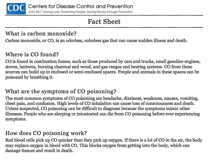 Fact sheet on carbon monoxide (CO): it's a colorless, odorless gas causing illness; symptoms include headache, dizziness, and confusion.