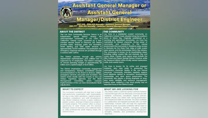 Job posting for Assistant General Manager/District Engineer in Los Osos, CA. Focus on utility management and community engagement.