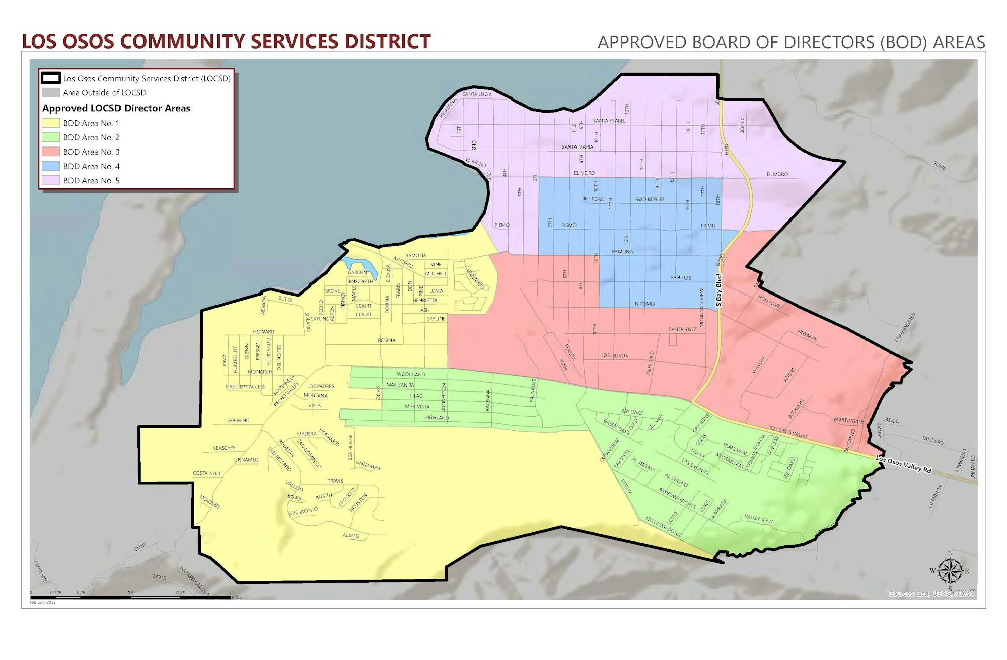 A colored map of Los Osos showing the Los Osos Community Services District and its Board of Director areas.