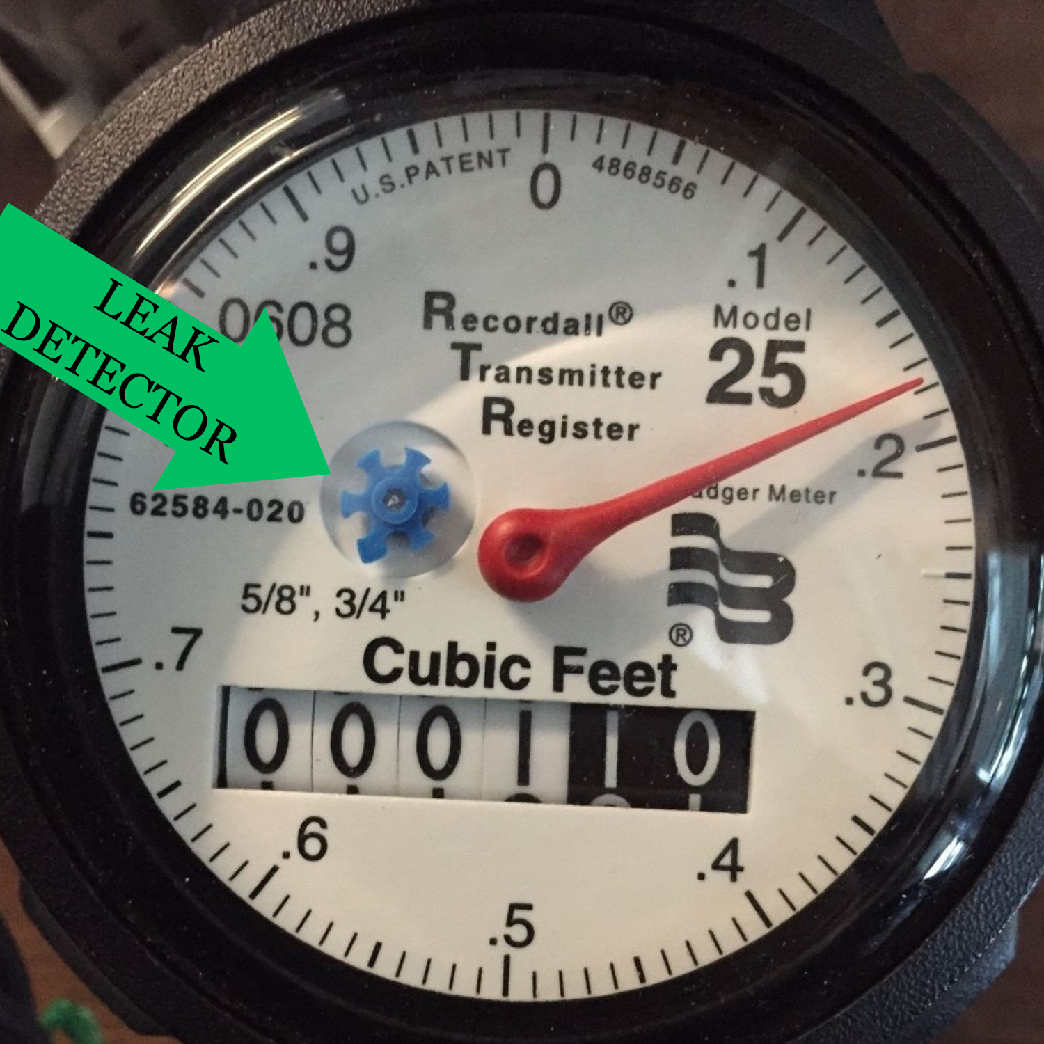 Water Meter, arrow pointing at leak detector
