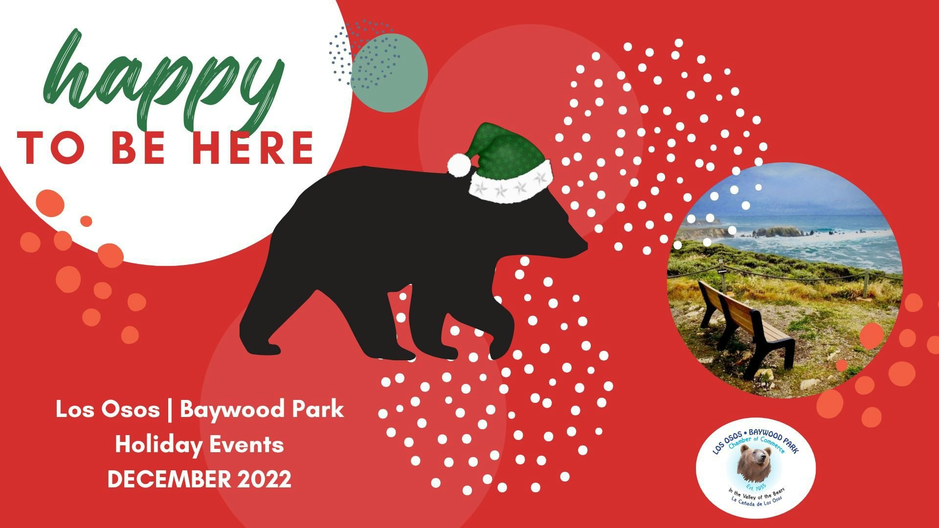 Christmas Parade advertisement, poster, bear, bench, Theme Happy to Be Here