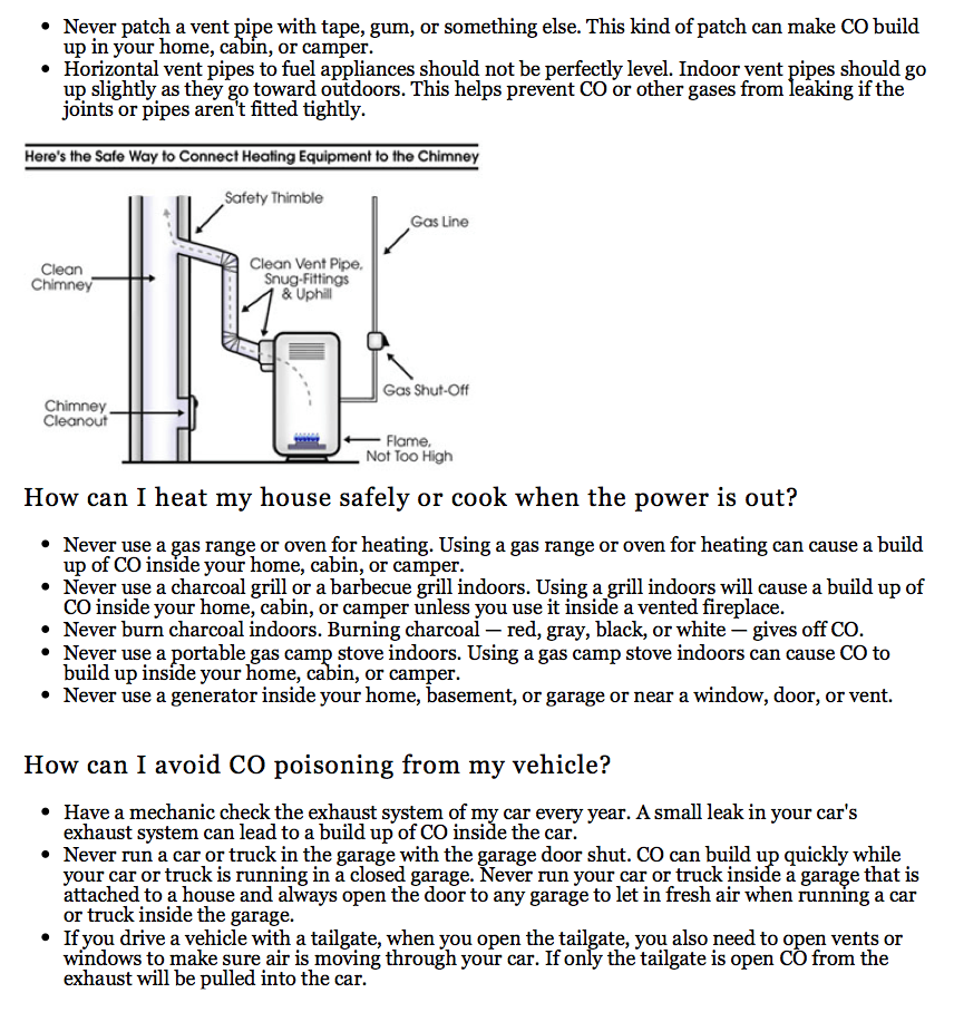 The image provides safety tips on avoiding carbon monoxide (CO) buildup from heating and cooking, including venting guidelines and precautions.