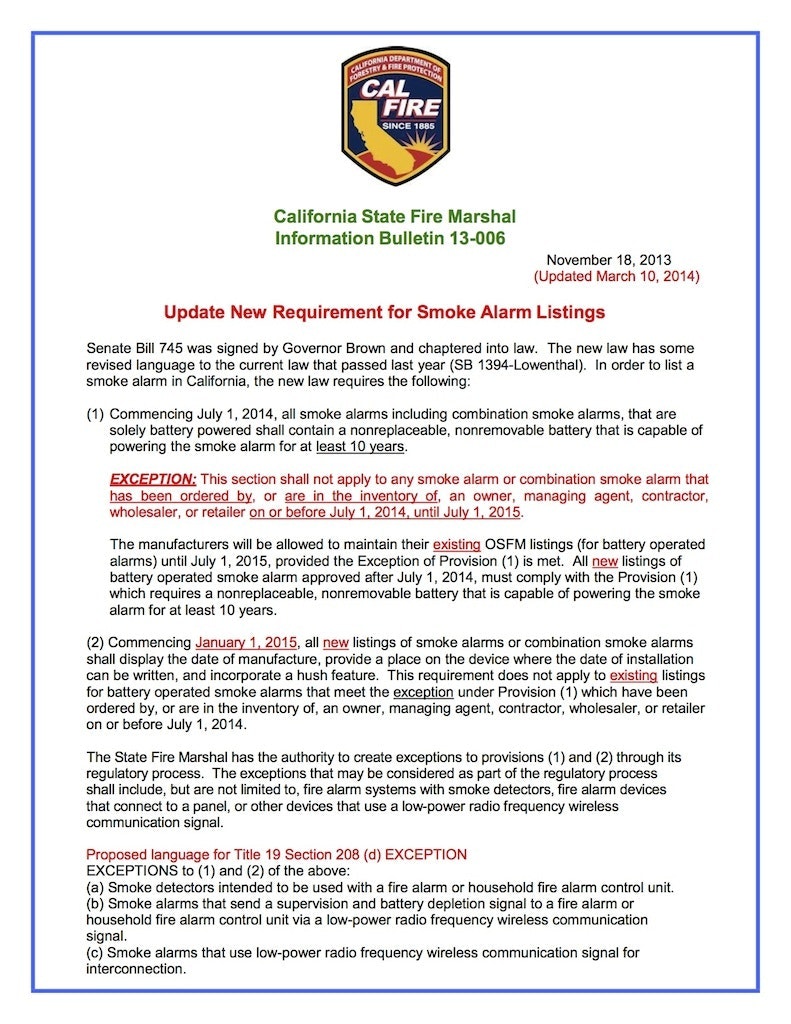 The document outlines new California smoke alarm requirements effective July 1, 2014, including non-replaceable batteries for at least 10 years.