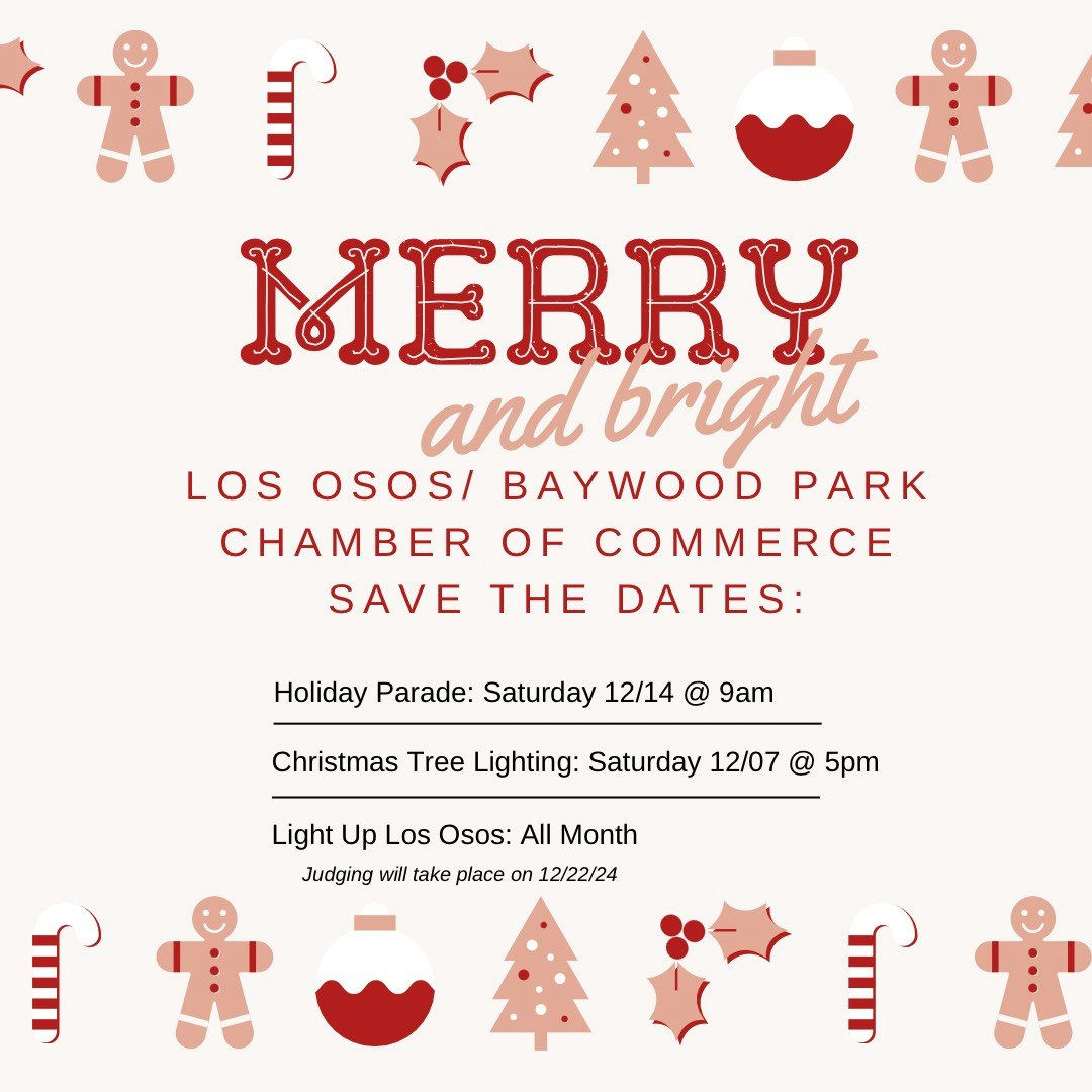 Holiday events: Parade on 12/14 at 9am, Tree Lighting on 12/07 at 5pm, Light Up Los Osos all month. Judging on 12/22/24.