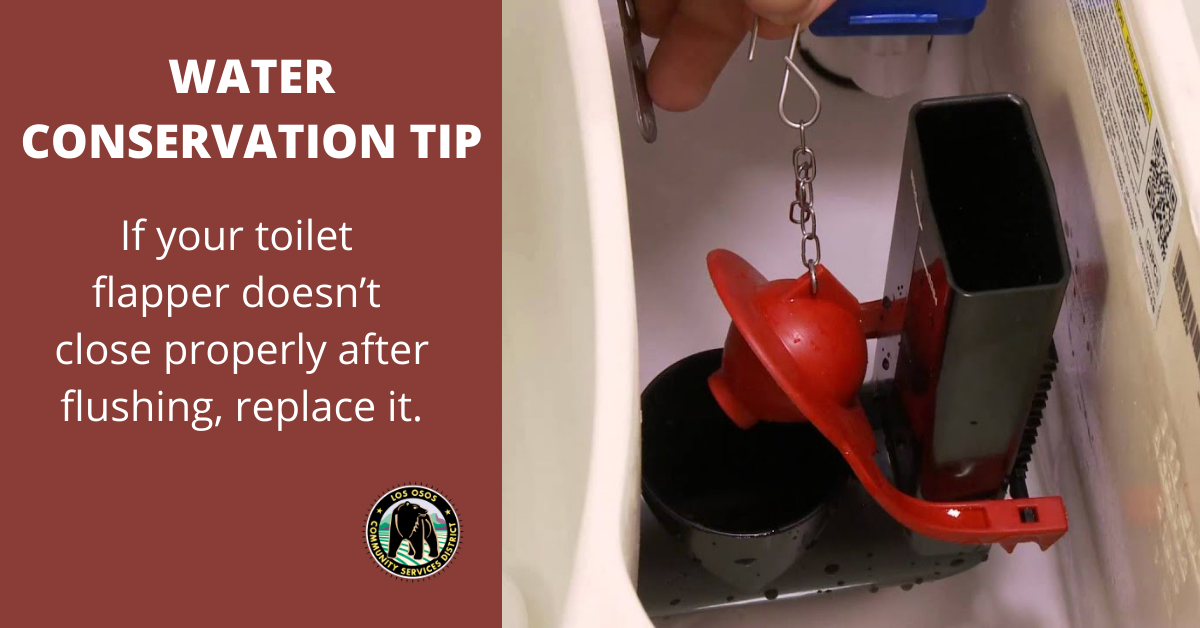 A water conservation tip about replacing a toilet flapper if it doesn't close properly after flushing.