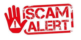 Red "Scam Alert" sign with a hand and exclamation mark symbol.