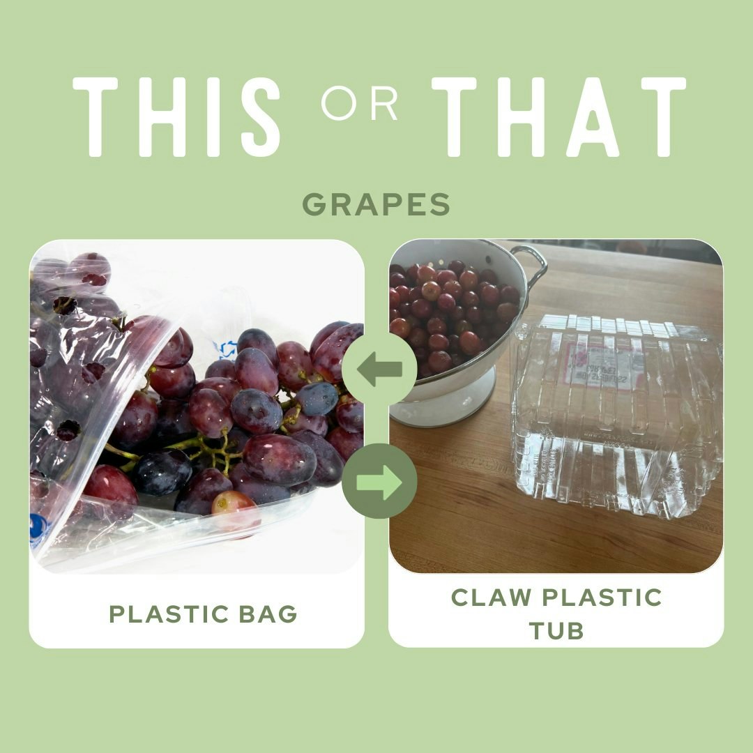 May Contain: Grapes, Claw Plastic Tub, Plastic Bag, Text - This or That